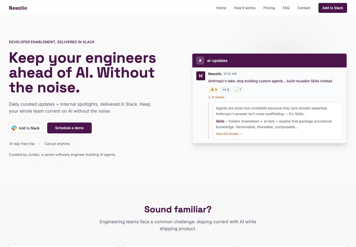 Newzlio product website introducing its Slack-native briefing service for engineering teams.